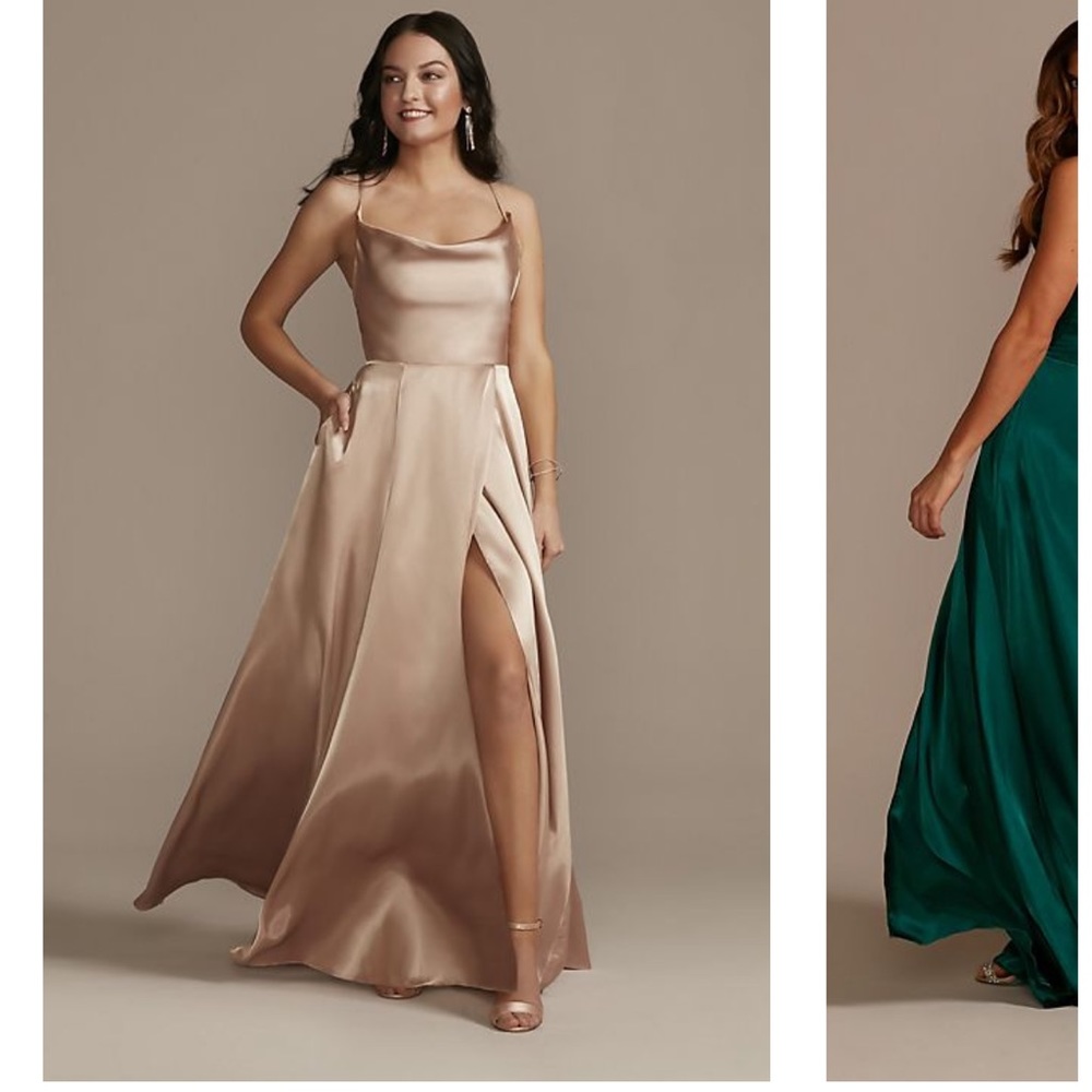 David’s Bridal Charmeuse Cowl Bridesmaid Dress with lace up Back in Sand